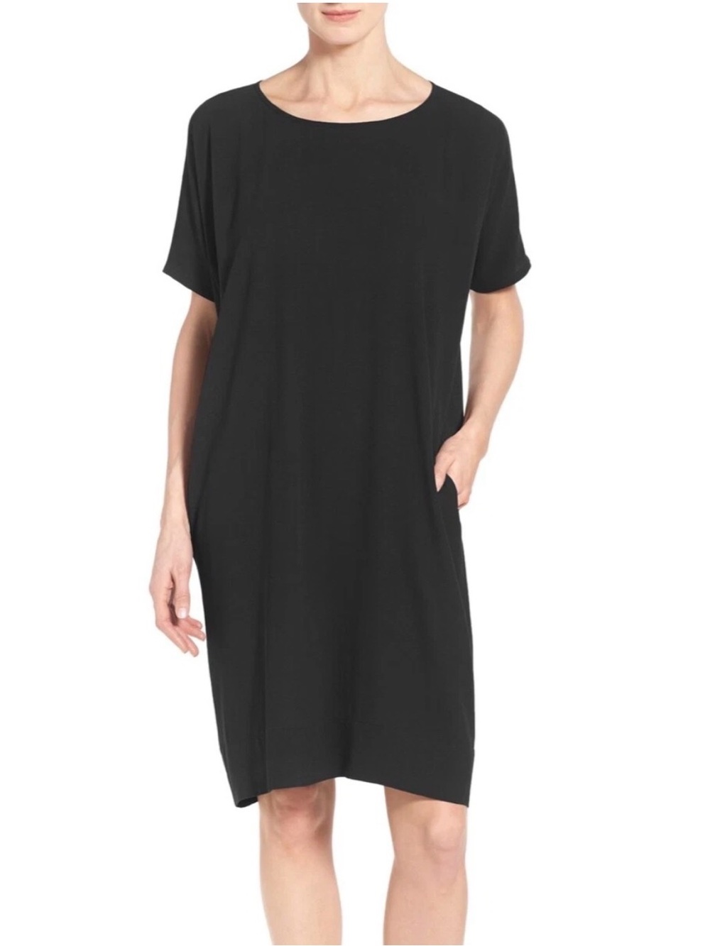 EILEEN FISHER Silk Crepe Black Shift Dress Medium